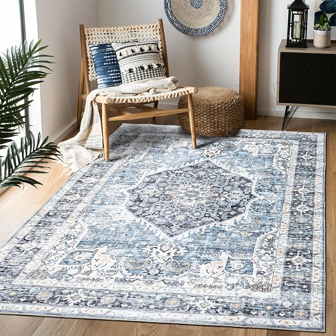 Area Rug 9×12, Large Vintage Boho Rug,Ultra-Soft Low Pile, Washable, Non Slip,Stain Resistant, Printed Carpet for Living Room Bedrooms Playroom Office Kitchen, Light Blue