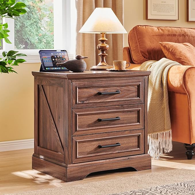 ACCOHOHO Farmhouse Nightstand with Charging Station, 22 Inch Wide End Table with 3 Large Drawers & Bar Handles, Rustic Wood Small Dresser Chest of Drawers for Bedroom, Living Room, Closet, Brown