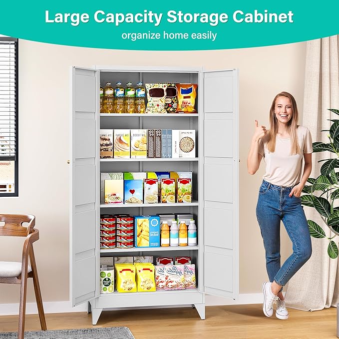 SISESOL Wide & Deep Metal Storage Cabinet with 2 Doors and 5 Shelves,72 inch Tall Pantry Storage Cabinet,Large Cupboard Closet,White Cabinets for Home,Kitchen,Bathroom,Dining/Living Room