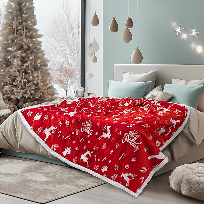 PAVILIA Red Reindeer Christmas Sherpa Throw Blanket, Ultra Soft Reversible Fleece Sherpa 60x80 Winter Blanket for Couch & Bed, Cozy Christmas Home Decor Holiday