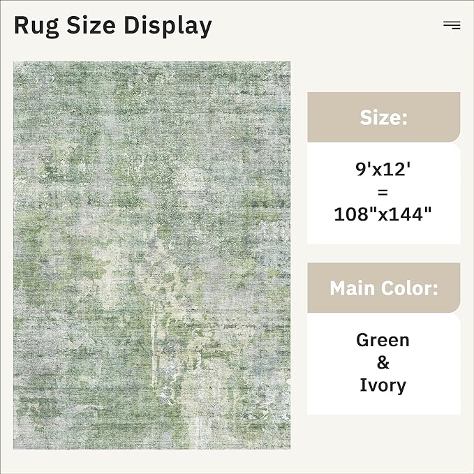 9x12 Area Rugs for Living Room, Non-Slip Machine Washable Vintage Rugs, Abstract Low Pile Lightweight Large Rug for Bedroom, Dining Room, Home Office Green Ivory