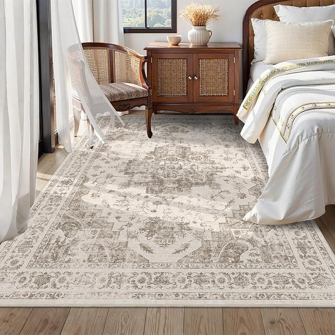 5x7 Vintage Washable Area Rugs Boho Medallion Large Distressed Retro Accent Carpet Floral Non-Slip Soft Low Pile Indoor Throw Rug for Living Room Bedroom Dining Room Office Kitchen, Taupe