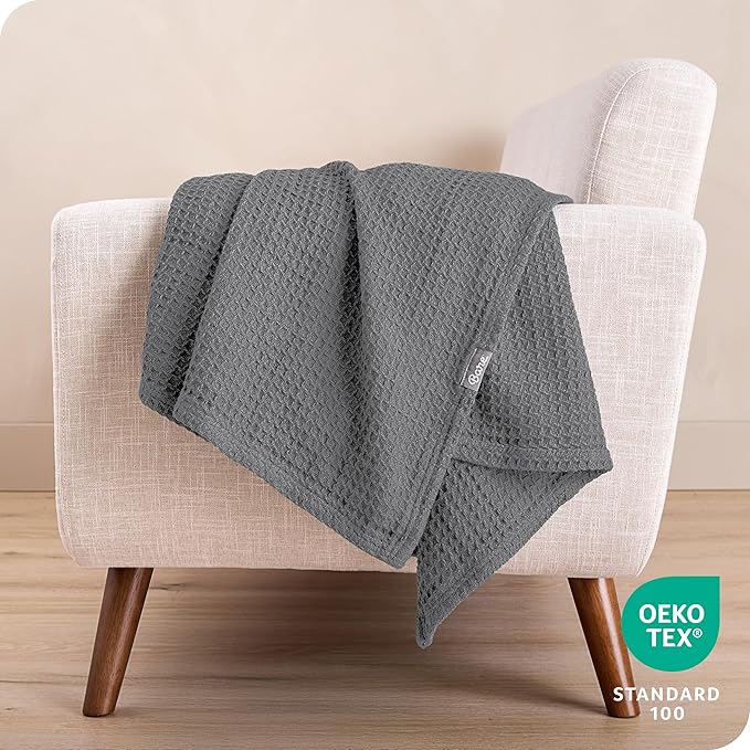 Bare Home Grey Waffle Blanket, Extra Long 66Wx90L, 100% Cotton, Soft & Breathable Throw for All Seasons, Lightweight Blanket, Perfect for Layering Bed, Sofa & Couch (Twin/Twin XL, Grey)