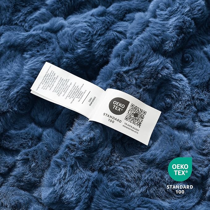 Cozy Bliss Faux Fur Throw Blanket for Couch, Fuzzy Soft Plush Thick Warm Fluffy Reversible Wave Textured Blanket for Sofa Bedroom Living Room, 55 * 70 Inches Navy Blue