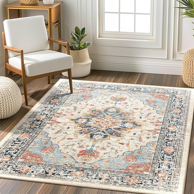 Area Rugs Square 6ft Washable Non-Slip, Floral Vintage Distress Print Pattern Medallion Carpet for Living Room Bedroom Dining Room, Beige Navy Blue Orange Colorful