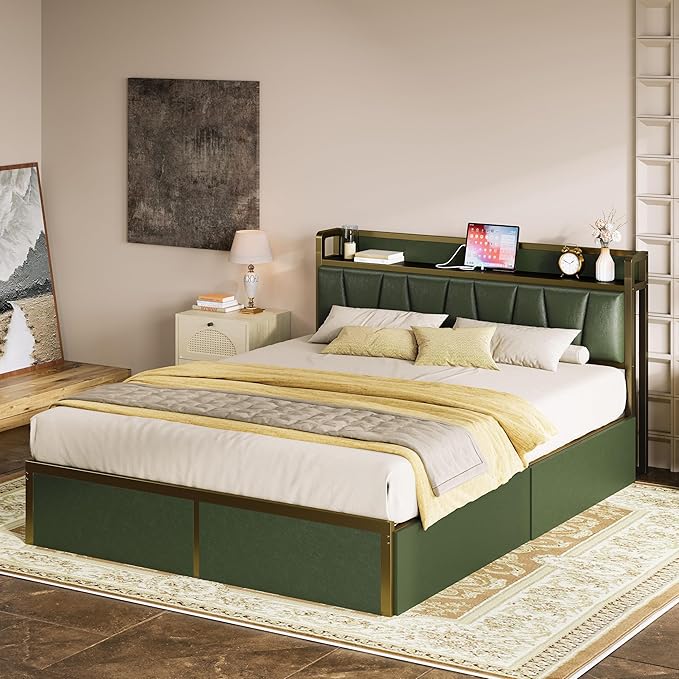 LIKIMIO Queen Bed Frame with 4 Storage Drawers, Platform Bed with Charged Headboard, Sturdy and Stable, No Noise, No Box Spring Needed, Easy to Install, Dark Green