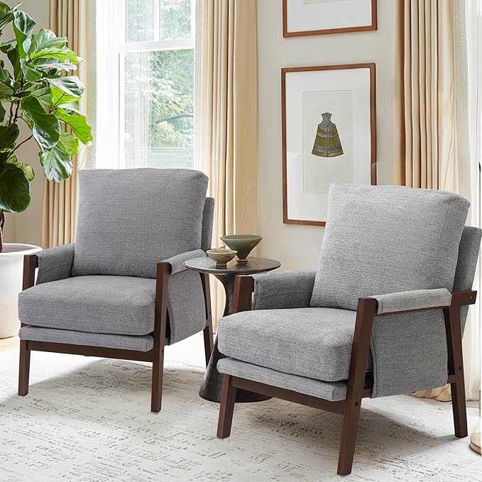 Accent Chairs for Living Room Set of 2, Modern Arm Chairs for Bedroom, Wooden Upholstered Mid Century Accent Chairs, Grey