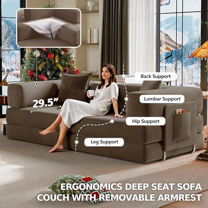 78.8" Convertible Futon Sofa Bed,Corduroy Futon Couch with Storage Pocket,Folding Pull Out Sofa,No Assembly Boneless Couch for Living Room,Brown