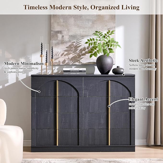 ACCOHOHO Large Dresser for Bedroom with 8 Drawers with Arched Panel,Modern Minimalist Chest of Drawers with Gold Handles,Wood Storage Closet Dressers Tv Stand for Living Room, Hallway,Black