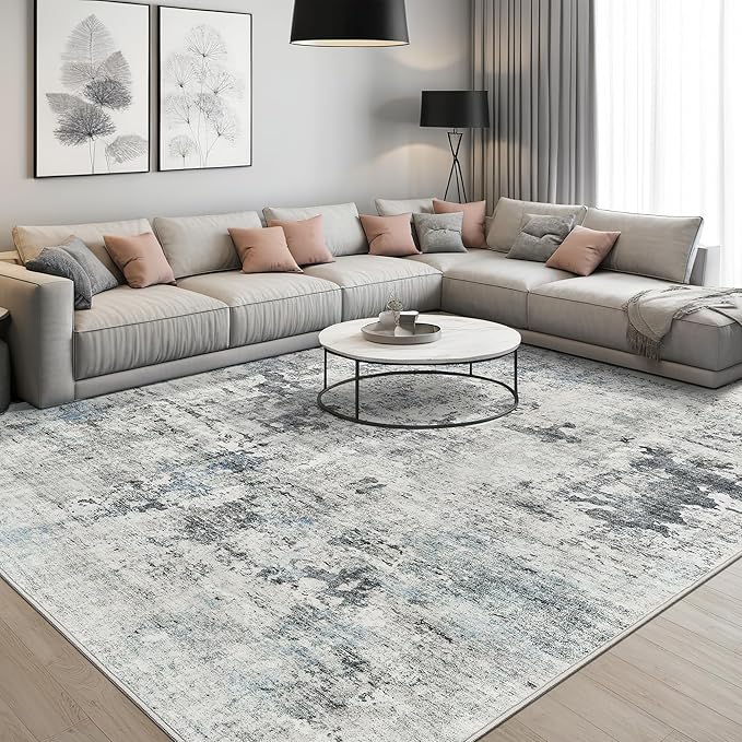 6x9 Abstract Area Rugs for Living Room 6 x 9 Washable Non Slip Low Pile Gray Rugs for Bedroom Dining Room Foldable Thin Gray Blue
