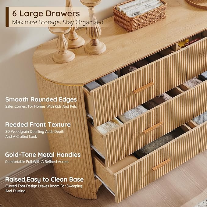 Fluted 6 Drawer Dresser for Bedroom with Curved Profile Design, 53.9 Inch Wide Chest of Drawers, Smooth Glide Storage Cabinet for Living Room, Natural Oak