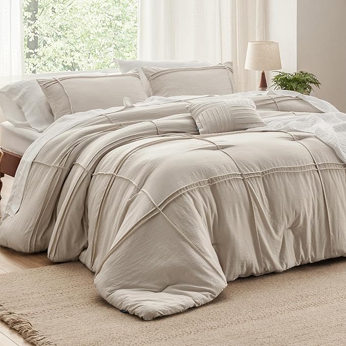 Bedsure California King Comforter Set - 4 Pieces Grid Pleat Bed Set, Beige Boho Bedding for All Season, 1 Soft Comforter, 2 Pillowcases, 1 Decorative Pillow