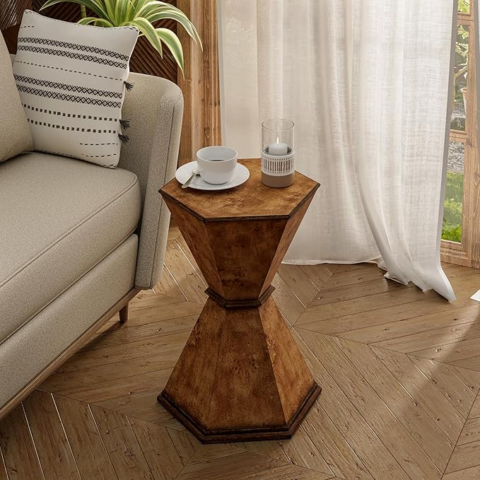 COZAYH Farmhouse Hexagonal Accent Table, Rustic Hourglass Design Side Table with Sculptural Geometric Base for Living Room or Bedroom, Natural Wood-Tone Finish, Brown