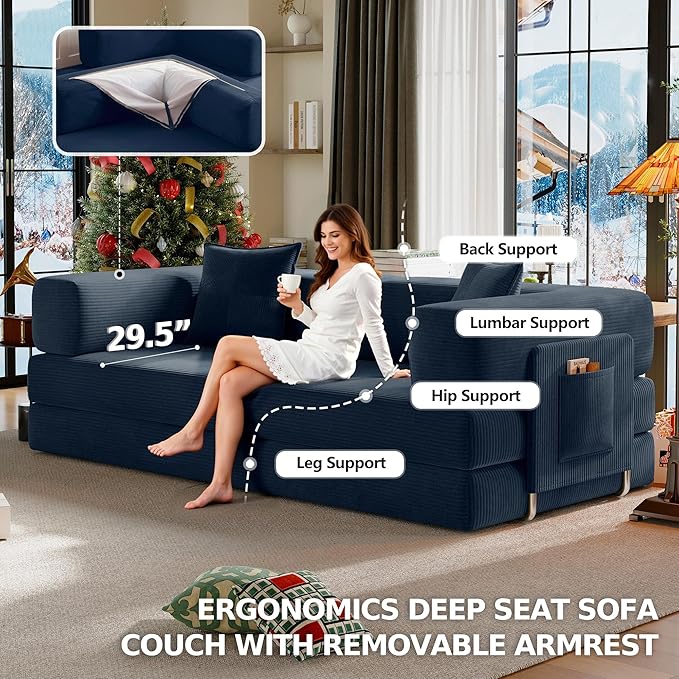 78.8" Convertible Futon Sofa Bed,Corduroy Futon Couch with Storage Pocket,Folding Pull Out Sofa,No Assembly Boneless Couch for Living Room,Navy