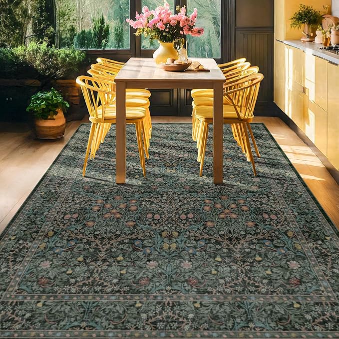 Dining Room Rugs for Under Table - 6x8 Washable Dark Green Area Rug for Living Room, Low Pile Non-Slip Floor Carpet for Bedroom - Vintage Design & Stain Resistance