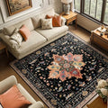 Area Rugs Square 6ft Washable Non-Slip, Floral Vintage Distress Print Pattern Medallion Carpet for Living Room Bedroom Dining Room, Black Colorful Floral Dark Tan