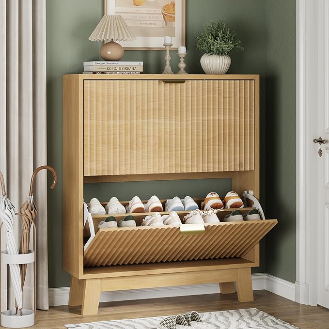 Shoe Cabinet with 2 Flip Drawers, 37" Tall Narrow Fluted Shoe Storage Organizer for Entryway, Hidden Slim Wooden Shoe Rack Cabinet for Front Door Entrance, Hallway, Living Room, Natural Oak