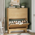Shoe Cabinet with 2 Flip Drawers, 37" Tall Narrow Fluted Shoe Storage Organizer for Entryway, Hidden Slim Wooden Shoe Rack Cabinet for Front Door Entrance, Hallway, Living Room, Natural Oak