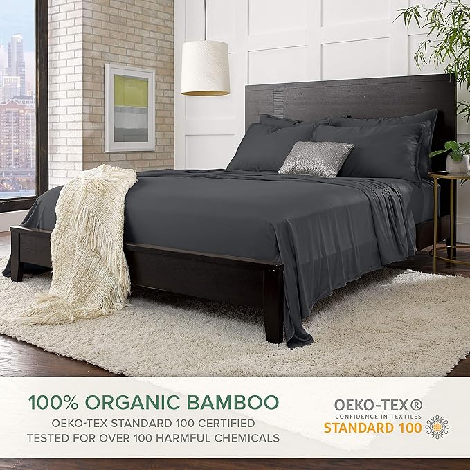 Pure Bamboo Short Queen Sheets for RV Camper (60"x75") - Genuine 100% Organic Viscose Derived from Bamboo Bed Sheet Set, Soft & Cooling, 2 Year Quality Promise (Short Queen, Charcoal)