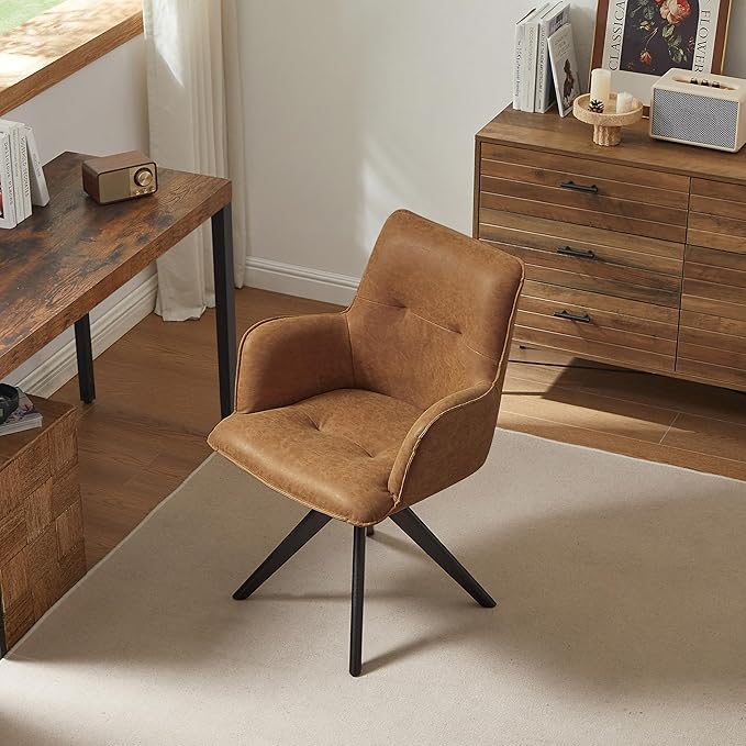 Art Leon Home Office Desk Chair - Faux Leather Upholstered Accent Armchair, Mid Century Swivel Chair with Black Oak Wood Legs for Small Space Living Room Bedroom, Brown