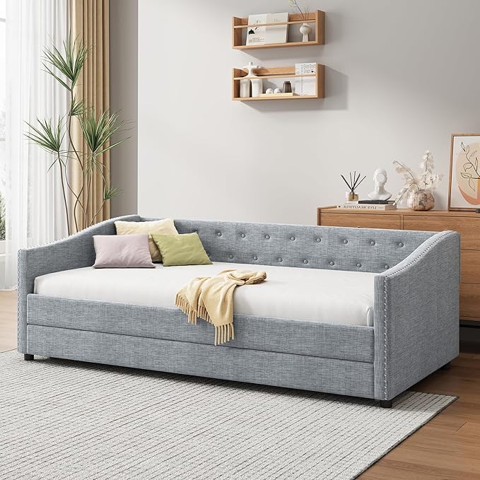 Favfurish Twin Size Daybed with Trundle Upholstered Day Bed Frame with Button Tufted Backrest and Nailhead Decorated Armrest for Living Room Bedroom,No Box Spring Needed,Light Grey