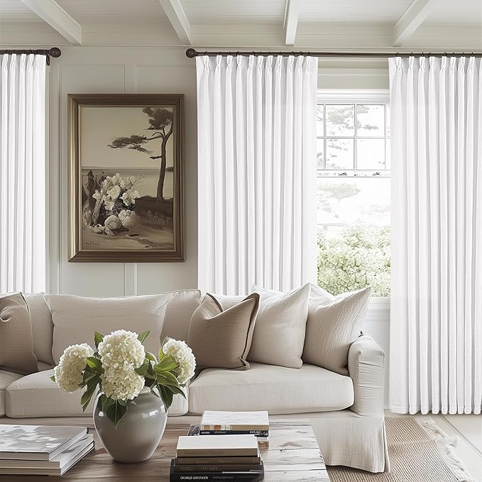 Extra Wide 102 Inch Long Curtains 70 Inch Width Pinch Pleat Linen Curtains for Living Room BedroomLight Filtering Privacy Pleated Hooks Rings Back Tab for Sliding Door White 1 Panel