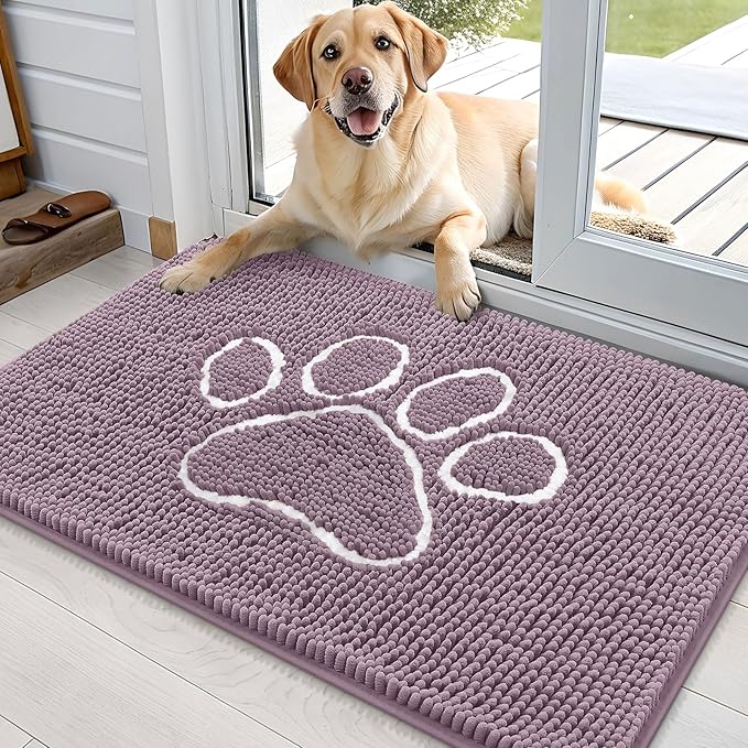 OLANLY Dog Door Mat for Muddy Paws 36x24, Paw Print Design, Absorbs Moisture and Dirt, Absorbent Non-Slip Washable Doormat, Quick Dry Chenille Mud Mat, Entry Indoor Entryway Carpet, Deep Plum