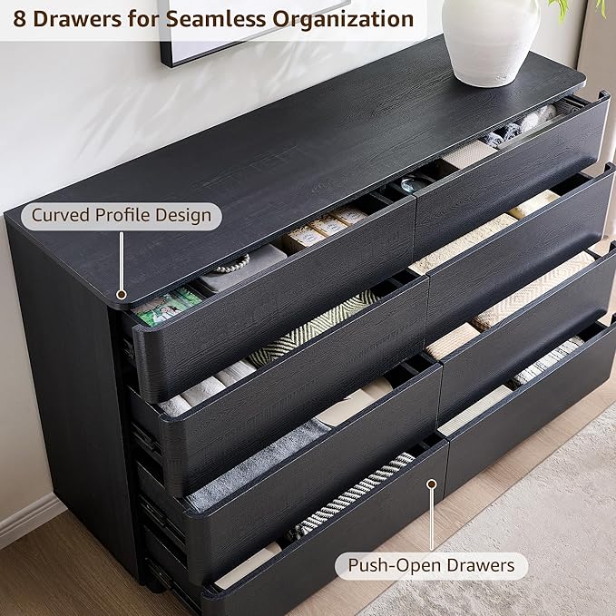 ACCOHOHO 8 Drawer Dresser for Bedroom, 52 Inch Wide Modern Chest of Drawers, Push-to-Open Wood Storgae Organizer with Large Drawers for Bedroom, Living Room, Hallway, Black