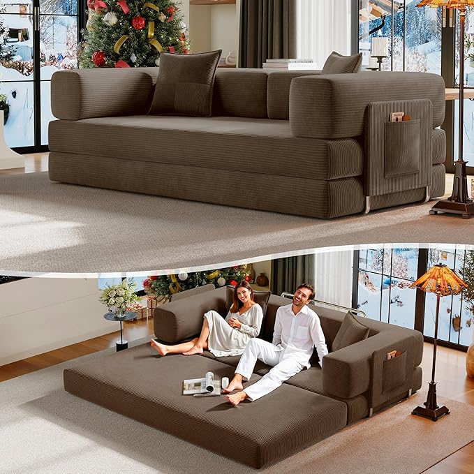 78.8" Convertible Futon Sofa Bed,Corduroy Futon Couch with Storage Pocket,Folding Pull Out Sofa,No Assembly Boneless Couch for Living Room,Brown
