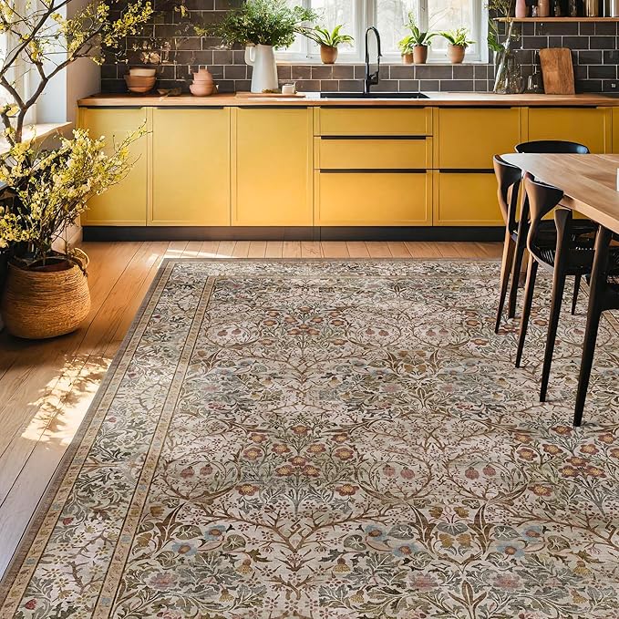 Washable Dining Room Rugs for Under Table - 6x9 Moss Green Oriental Area Rug for Living Room, Low Pile Non-Slip Floor Carpet for Bedroom Under Bed - Vintage Brown Neutral Design & Stain Resistance