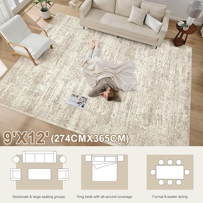 Area Rug Living Room Rugs - 9x12 Abstract Large Soft Indoor Washable Rug Neutral Modern Low Pile Carpet for Bedroom Dining Room Farmhouse Home Office - Vintage Beige