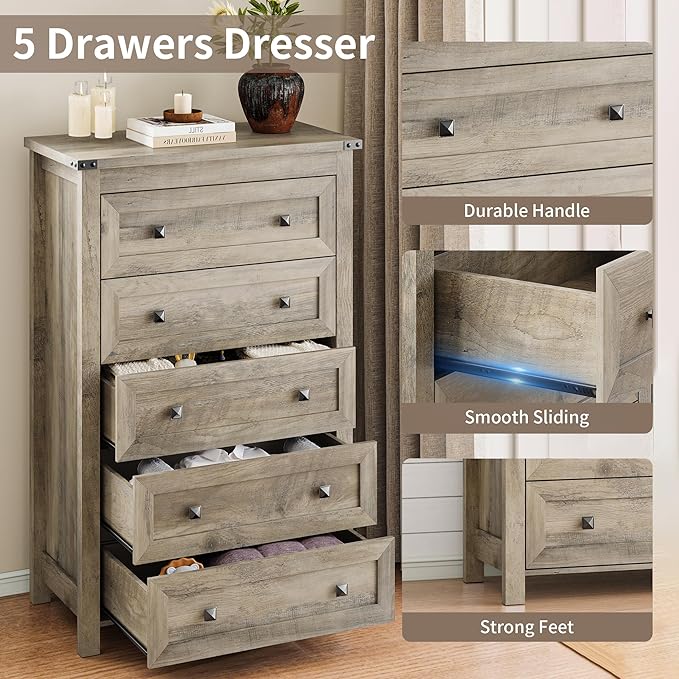 Dresser for Bedroom with 5 Drawers, Tall Wood Chest of Drawers, Modern Farmhouse Closet Clothes Organizer, Storage Tower Cabinet with Metal Handles for Hallway, Living Room, Entryway, Light Grey