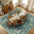 Area Rugs Square 10ft Washable Non-Slip, Floral Vintage Distress Print Pattern Medallion Carpet for Living Room Bedroom Dining Room, Dark Blue Vintage