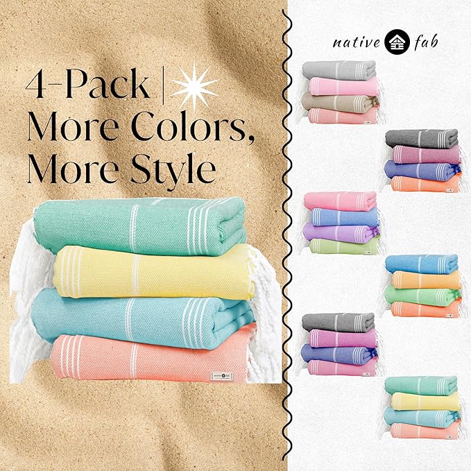 Native Fab Turkish Towels Set of 4, Large 40x71 Inches, Soft, Fast Drying, Lightweight, Absorbent, 100% Cotton Towel for Beach, Bath, Spa, Travel Use - Light Orange, Lemon Yellow, Aqua Blue, Green