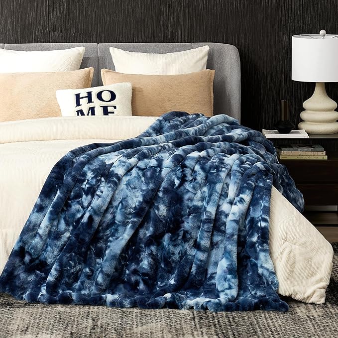 Cozy Bliss Faux Fur Throw Blanket for Couch, Fuzzy Soft Plush Thick Striped Blanket for Sofa Bedroom Living Room, 60 * 80 Inches Tie-dye Blue