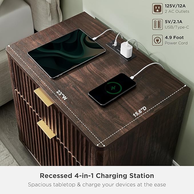 T4TREAM 23'' Fluted Nightstand with Charging Station, Large 2 Drawer Bedside Table, Modern End Table with Storage, Mid Century Night Stand for Bedroom, Living Room, Curved Profile, Dark Walnut