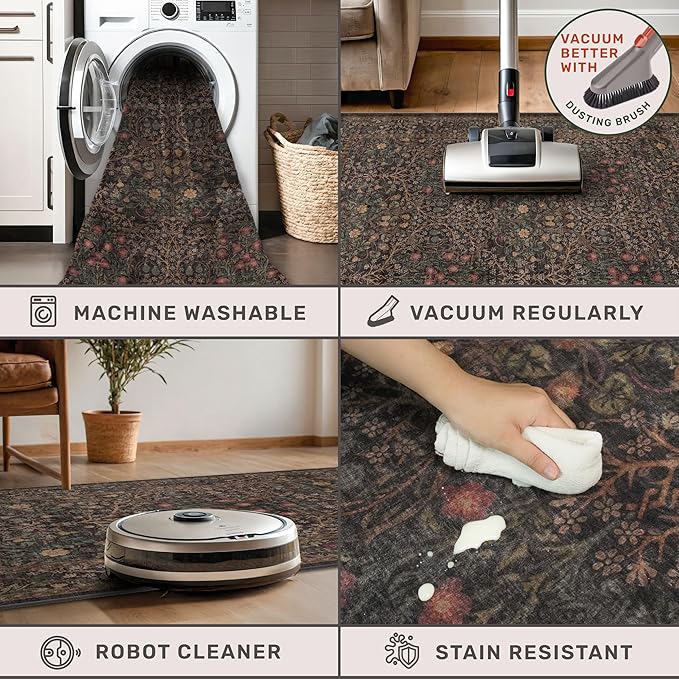 Brown Boho Washable 2x6 Runner Rugs for Hallway, Kitchen,Bedroom Beside, Laundry Room, Bathroom Rug, Pet & Kids Friendly, Non Slip Low Pile Stain Resistant Soft Long Floral 24 x 72 Floor Carpet