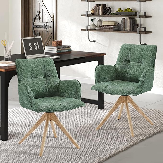 Art Leon Desk Chair Without Wheels - Mid Century Modern Swivel Office Chair, Fabric Upholstered Accent Chair with Oak Wood Legs for Small Space Living Room Bedroom, Set of 2, Green