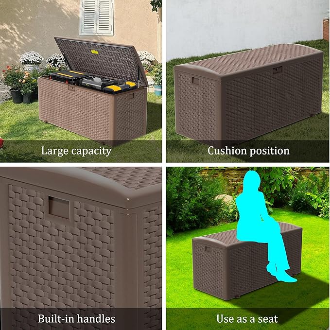 180 Gallon Pro Outdoor Storage Box Waterproof Lockable Resin Deck Box Large, Patio Storage Bin for Pool Accessories Cushion Furniture, Garden Tools, UV-Resistant Outside Delivery Brown