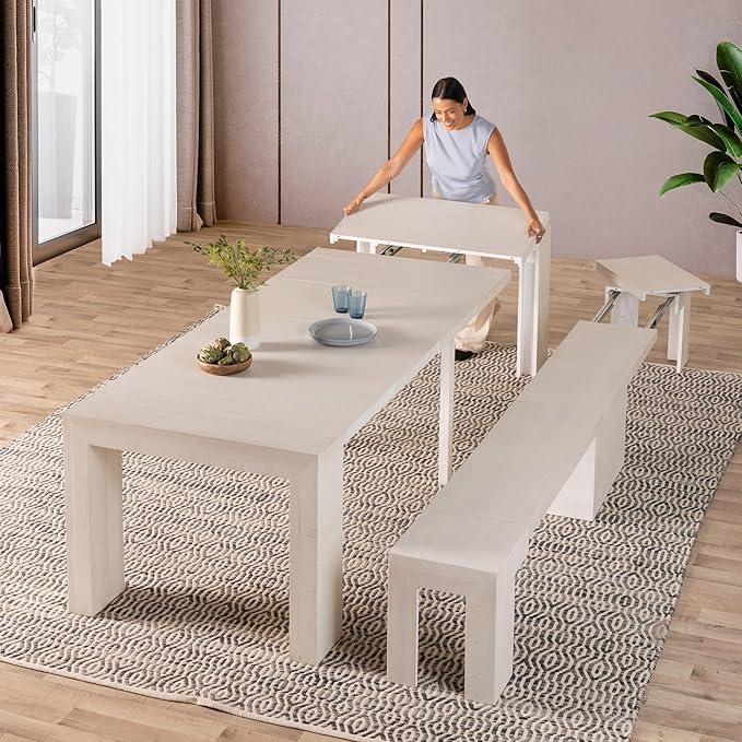 Transformer Table - Solid Wood Extendable Dining Table, Seats 2-12, Extendable Dining Room Table, Space-Saving Furniture, Expandable Dining Furniture (White, Table + Bench)