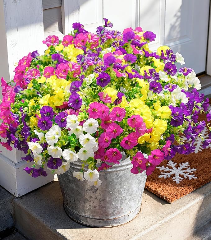 Artificial Flowers Fake Plants for Outdoors Decoration, 12 Bundles Silk Morning Glory with Eucalyptus Realistic UV Resistant Faux Flowers for Outside Planter Porch Yard Patio Garden Home Indoor, Mix