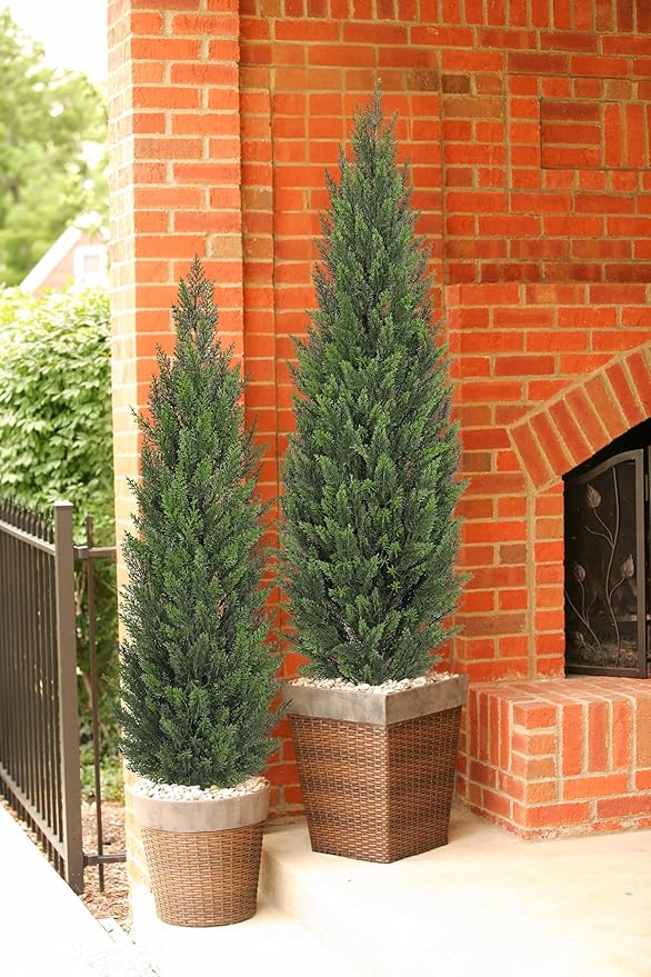 Briful 4ft Cedar Topiary Trees Artificial Outdoor Set of 2, Realistic Faux Cedar Pines with Pots, UV Resistant Christmas Greenery for Holiday Decor, Indoor Farmhouse Entryway Patio Door Plants