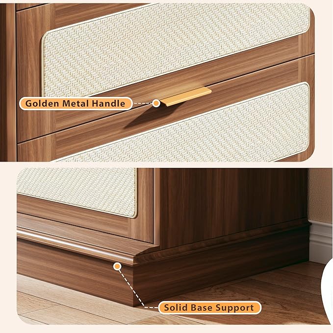 6 Drawer Dresser for Bedroom, 50 Inch Tall Dressers & Rattan Chest of Drawers, Mid Century Style, Wood Modern Dressers Organizer for Bedroom, Living Room, Hallway, Entryway, Walnut
