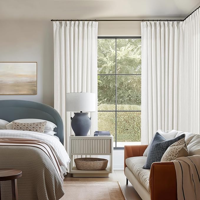Beige White Pinch Pleated Linen Curtains 1 Panel for Living Room Bedroom Memory Training Shaped Semi Sheer Pleat Drapes with Hooks Rings Light Filtering Window Curtain 60x108
