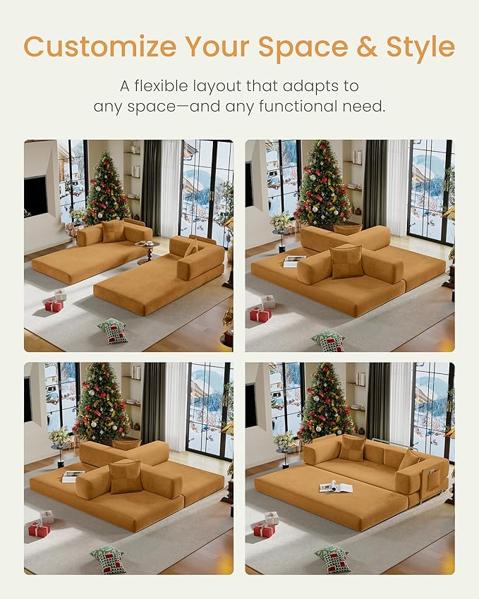 78.8" Convertible Futon Sofa Bed,Corduroy Futon Couch with Storage Pocket,Folding Pull Out Sofa,No Assembly Boneless Couch for Living Room,Yellow