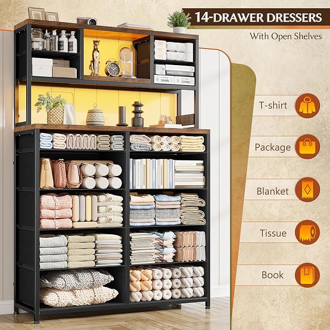 EnHomee Black Dresser with 14 Fabric Drawers, Dresser for Bedroom with Charging Station and LED Lights,Dressers & Chests of Drawers for Bedroom, Steel Frame & Wooden Top, Entryway