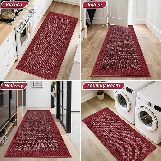 BEQHAUSE Indoor Door Mat 24" x 60", Dirt Trapper Door Mats Non-Slip Entryway Rugs Washable, Resist Dirt Absorbent Welcome Mat, Low Profile Floor Mats for Front Back Door and Entryway, Red