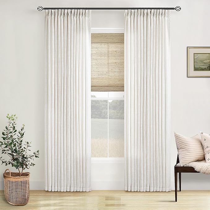 Neutral Pinch Pleated 86 Inch Curtains Semi Sheer Linen Blended Light Filtering Window Curtains 86 Inches Long for Living Room Bedroom Boho Cream Birch Pinch Pleat Drapes Rings Hooks 2 Panels Set
