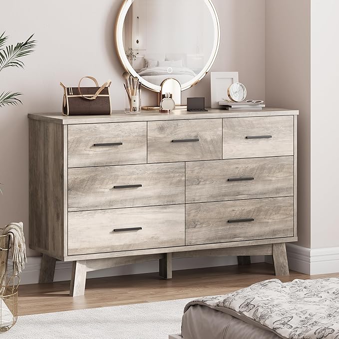 Dresser for Bedroom with 7 Drawer, Wood Modern Chest of Drawers with X-Shaped Sturdy Base, Wide Double Dresser Closet Clothes Storage Organizer, Wooden TV Stand for Living Room, Hallway, Grey