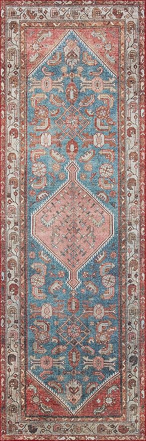 Loloi Layla Collection LAY-10 Marine/Clay 7'-6" x 9'-6" .13" Thick Area Rug, Soft, Durable, Vintage Inspired, Distressed, Low Pile, Non-Shedding, Easy Clean, Printed, Living Room Rug